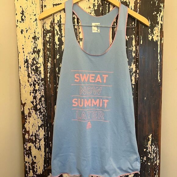 Women’s The North Face racer back soft Sweat Now Summit Later tank top. Size L - Picture 1 of 10